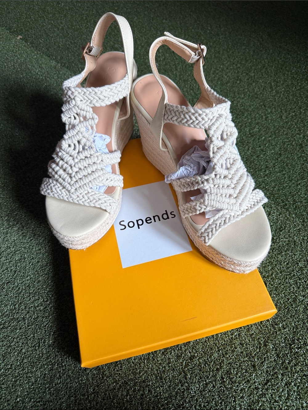SOPENDS Ivory Macrame Wedge Sandals Size 39 New, Never Worn, Boho Platform Heels